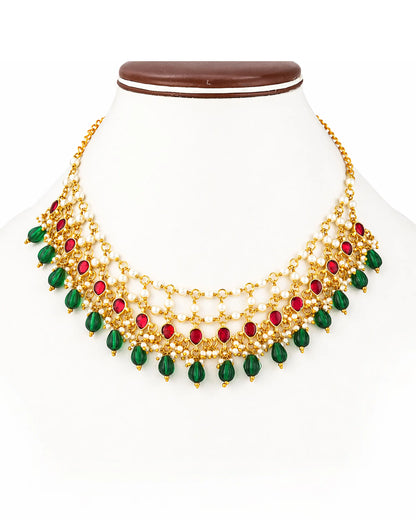 Kundan Pearl Necklace Set, Green Red Bridal Jewelry, Indian Wedding Necklace, Gold Plated Ethnic Jewelry