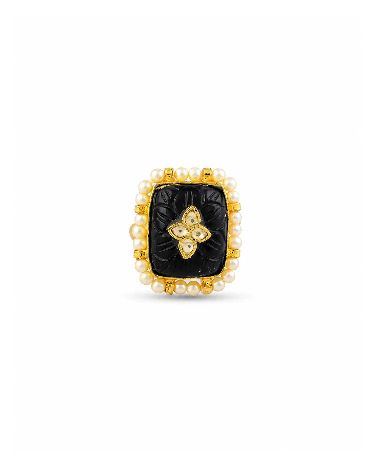 Handmade Carving Stone Kundan Pearl Statement Ring  Gold Plated Adjustable Jhumki Style Ethnic Jewelry Ring
