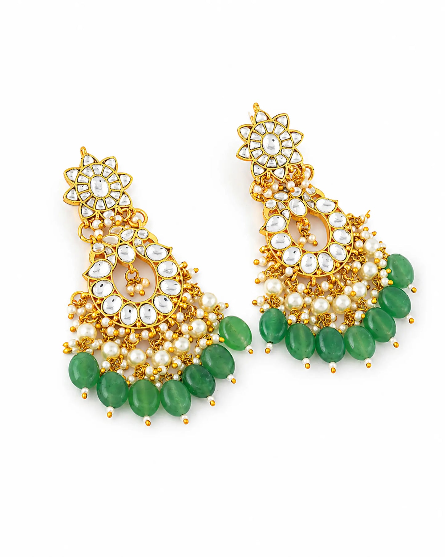 Gold Plated Jadau Chandbali Earrings with Green Beads