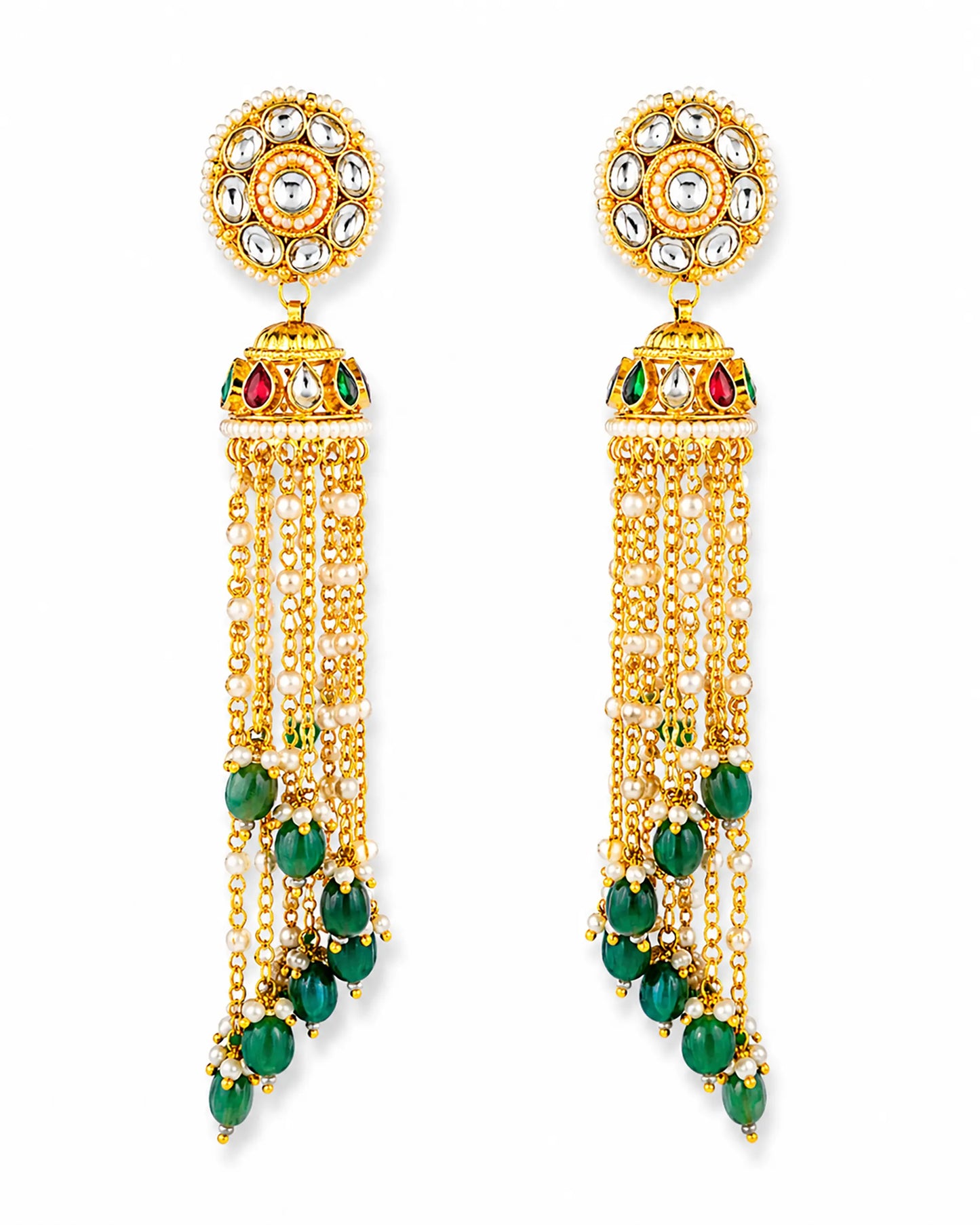 Gold Plated Jadau Jhumka Earrings with Green Beads