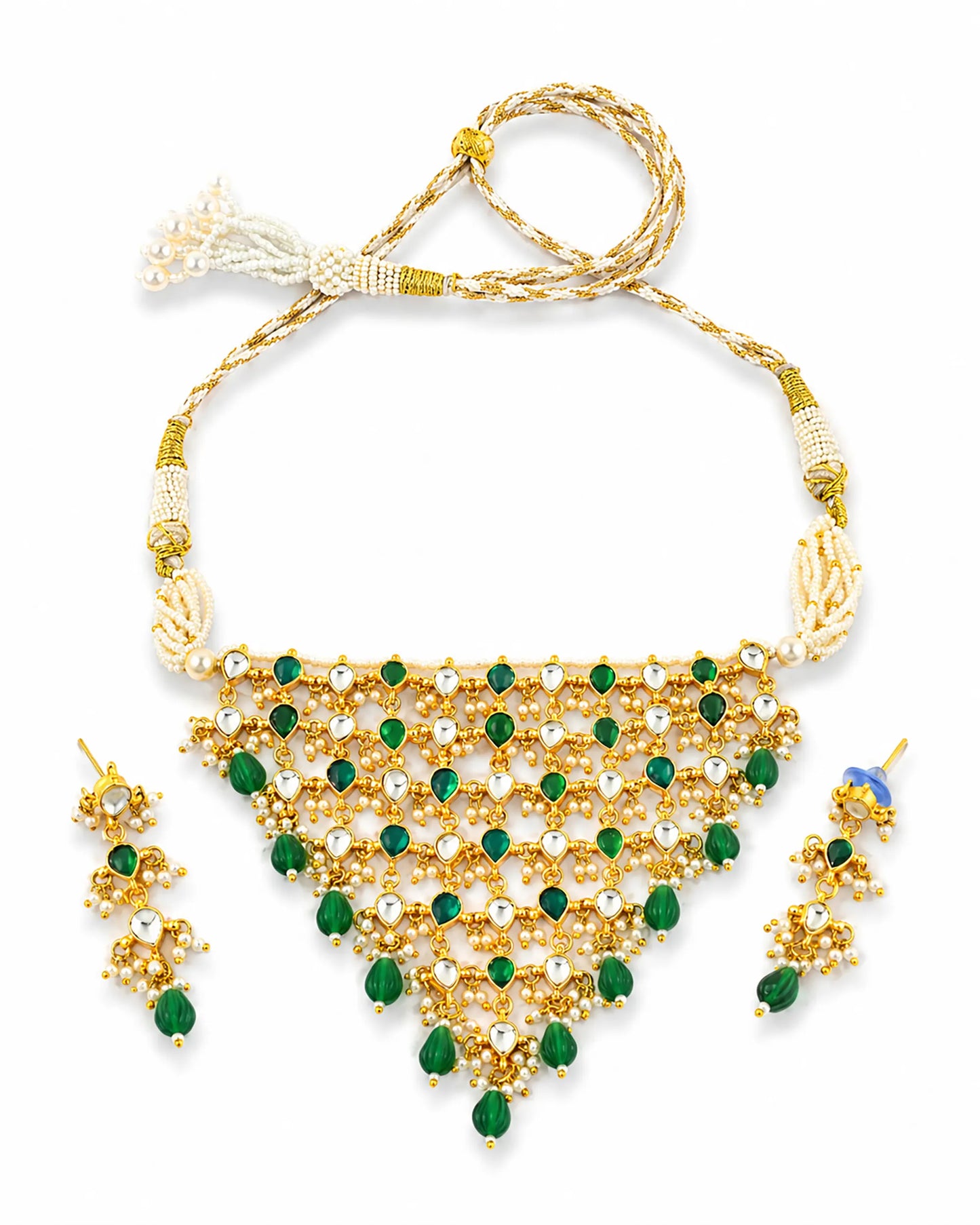 Green Kundan Bridal Choker Set with Earrings, Indian Wedding Jewelry Gold Statement Necklace, Traditional Polki Necklace, Bridal Jewelry Set