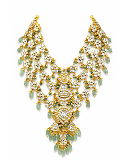Luxury Polki Kundan Bridal Necklace Set, Green Beaded Indian Wedding Jewelry, Gold Plated Pakistani Bridal Haar, Statement Ethnic Necklace