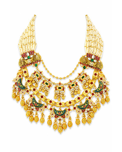 Traditional Indian Temple Necklace Set, Handmade Bridal Jewelry Set, Gold Tone Beaded Choker, Ethnic Statement Necklace with Earrings