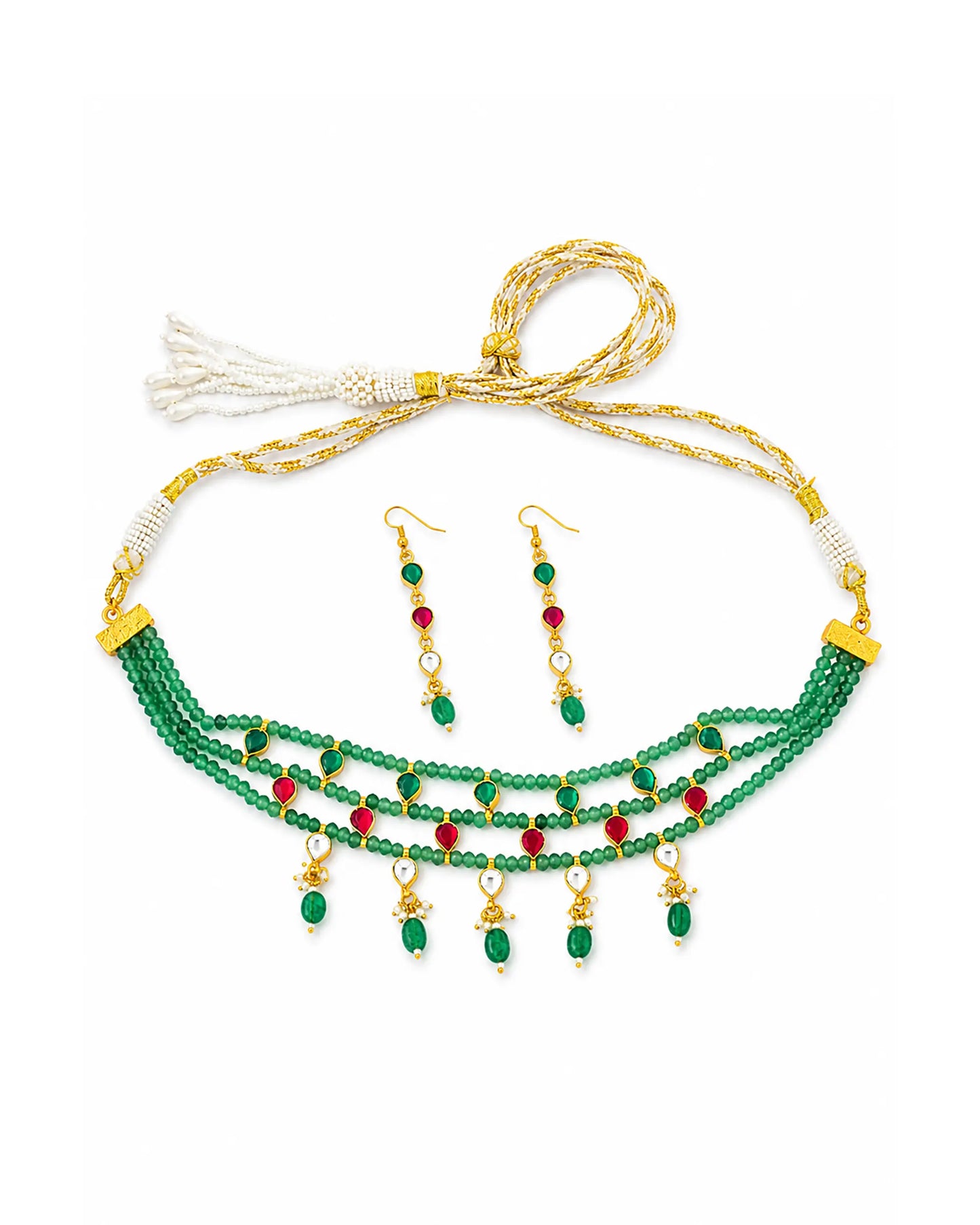 Green Beaded Kundan Choker Necklace, Multi Layer Indian Bridal Jewelry, Ruby Drop Necklace, Traditional Wedding Choker, Gold Ethnic Necklace