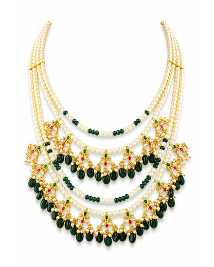 Multi Layer Raani Haar Pearl Kundan Bridal Necklace Set, Green Beaded Wedding Jewelry, Gold Statement Necklace with Earrings