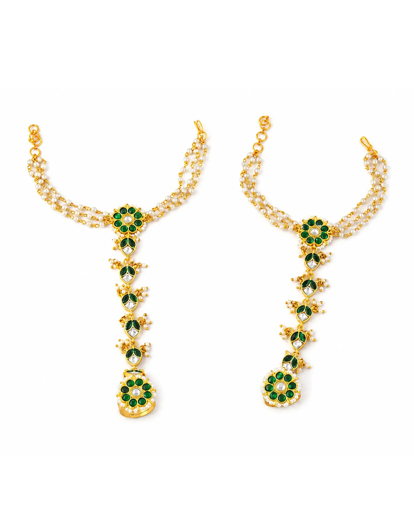 Kundan Pearl Hathphool Bridal Hand Harness, Green Stone Indian Hand Jewelry