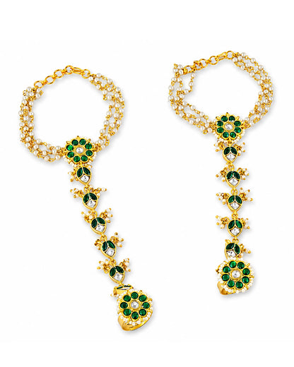 Kundan Pearl Hathphool Bridal Hand Harness, Green Stone Indian Hand Jewelry