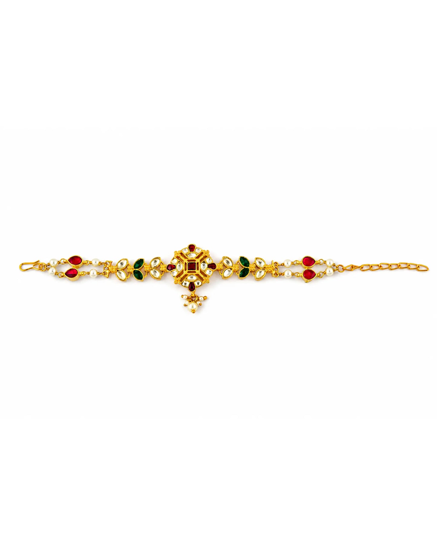 Bridal Kundan Sheeshpatti Matha Patti with Pearl Drop | Indian Wedding Head Jewelry | Traditional Gold Headpiece with Red Green Stones