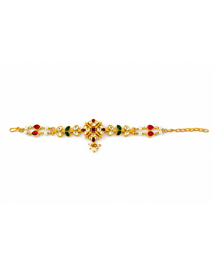 Bridal Kundan Sheeshpatti Matha Patti with Pearl Drop | Indian Wedding Head Jewelry | Traditional Gold Headpiece with Red Green Stones