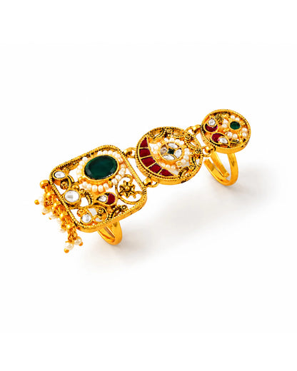 Red Meenakari Kundan Ring with Pearl Border, Antique Gold Adjustable Statement Ring Jewelry