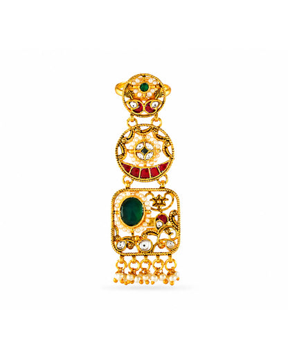 Red Meenakari Kundan Ring with Pearl Border, Antique Gold Adjustable Statement Ring Jewelry