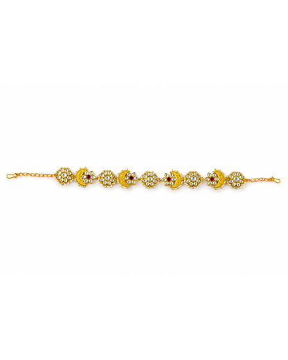 Kundan Pearl Matha Patti, Gold & Red Boho Bridal Headpiece, Indian Wedding Jewelry, Traditional Ethnic Hair Accessory, Handmade Bridal Tiara