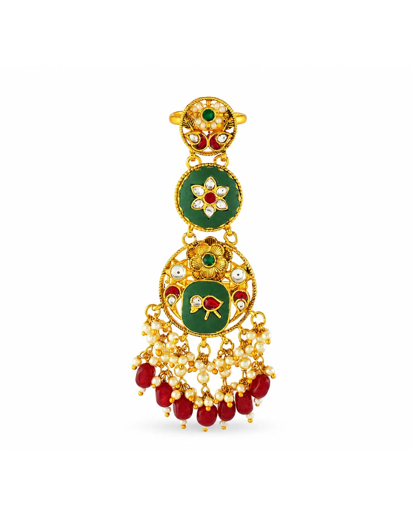Handmade Gold Plated Kundan Pearl Meenakari Statement Ring, Pink Green Ethnic Bridal Jewelry