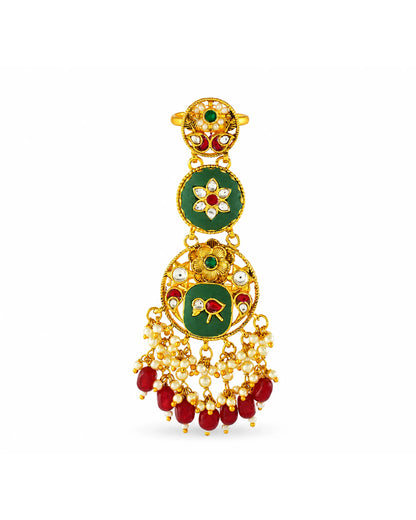 Handmade Gold Plated Kundan Pearl Meenakari Statement Ring, Pink Green Ethnic Bridal Jewelry