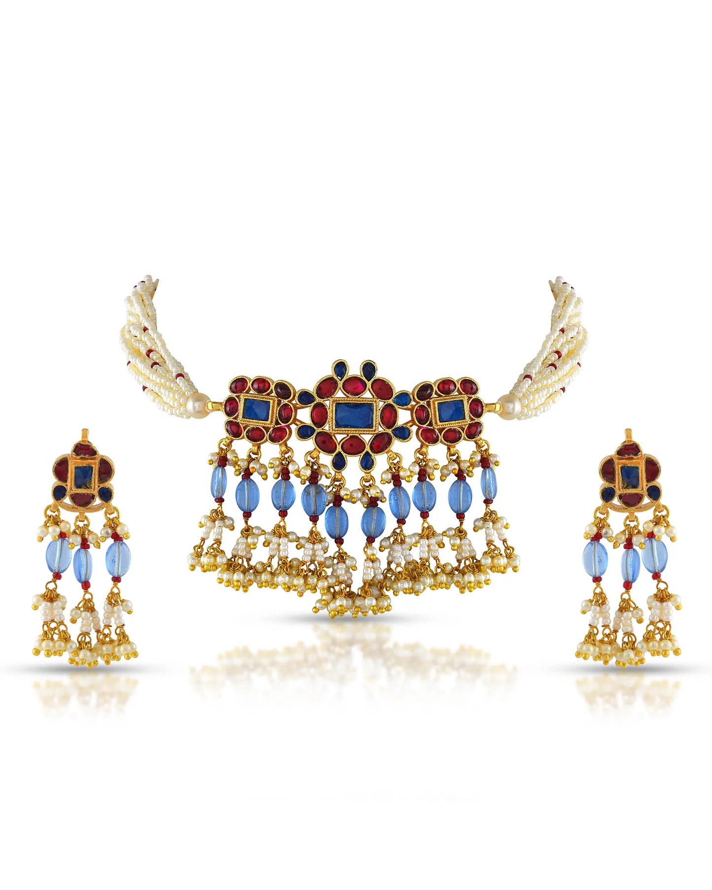Handcrafted Kundan Choker Set Jewelry, Red & Blue Stone, Pearl Necklace