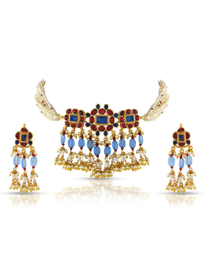 Handcrafted Kundan Choker Set Jewelry, Red & Blue Stone, Pearl Necklace