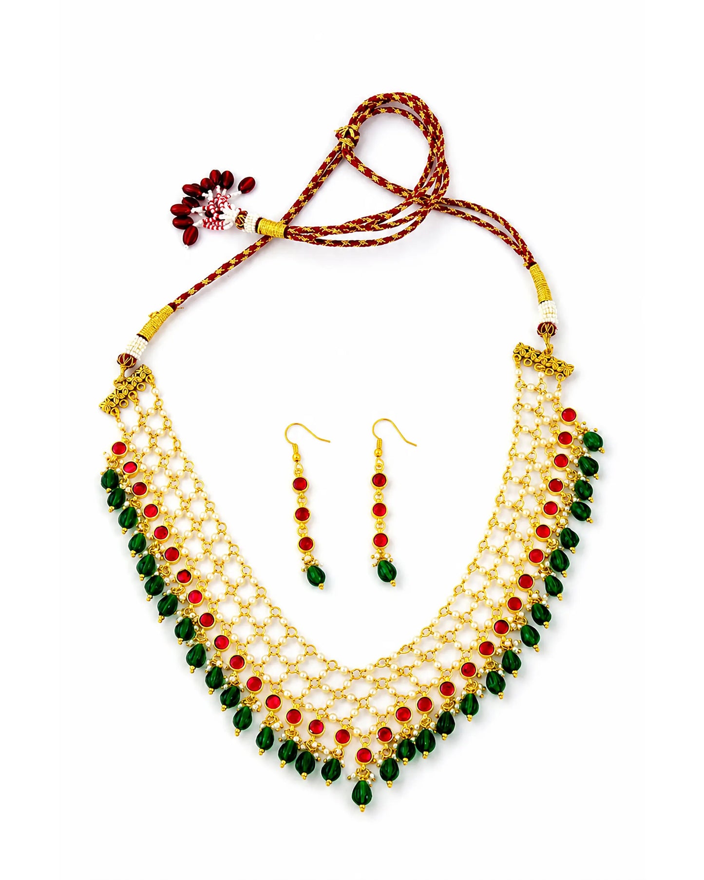Red Green Kundan Necklace Set, Traditional Indian Bridal Jewelry, Adjustable Thread Necklace, Ethnic Gold Statement Necklace with Earrings