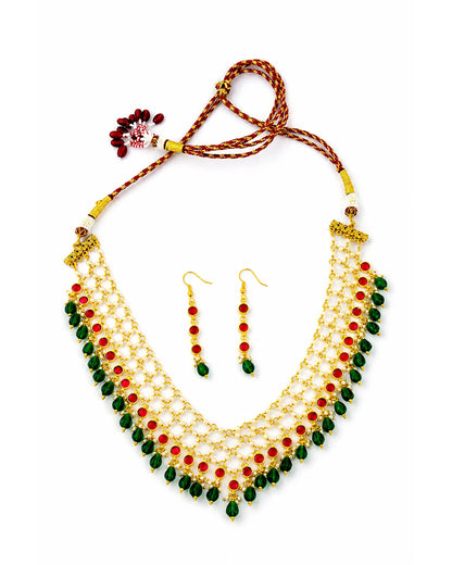 Red Green Kundan Necklace Set, Traditional Indian Bridal Jewelry, Adjustable Thread Necklace, Ethnic Gold Statement Necklace with Earrings