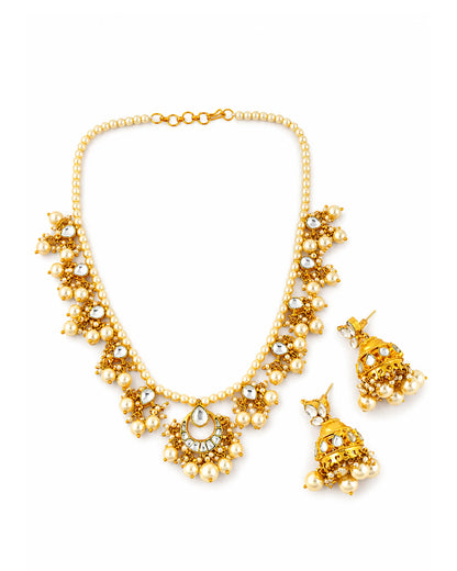 Pearl Kundan Necklace Set with Jhumka Earrings, Traditional Gold Jewelry Set, Bridal Wedding Necklace, Ethnic Pearl Jewelry Gift for Women