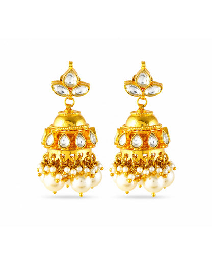 Pearl Kundan Necklace Set with Jhumka Earrings, Traditional Gold Jewelry Set, Bridal Wedding Necklace, Ethnic Pearl Jewelry Gift for Women