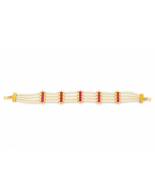 Kundan Pearl Matha Patti, Gold Red Boho Bridal Wedding Headpiece Jewelry