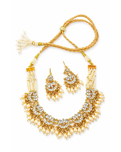Kundan Pearl Choker Necklace Set, Indian Bridal Jewelry Set, Gold Tone Statement Necklace with Earrings, Wedding Jewelry, Festive Jewelry