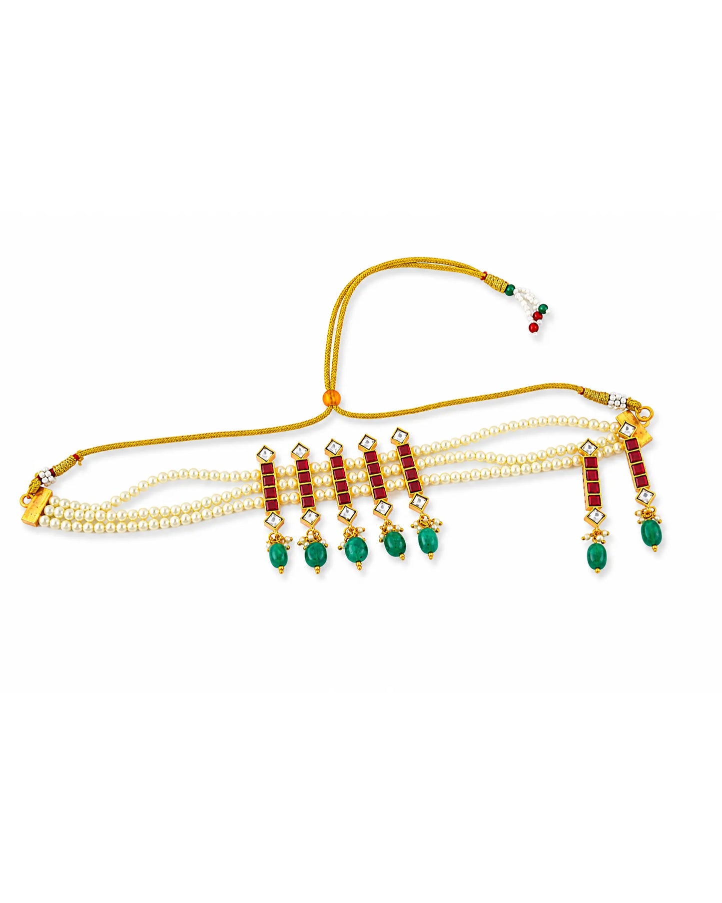Handcrafted Kundan Choker Set  Pearl Necklace, Green Bead Earrings, Gold Plated Bridal Jewelry Gift
