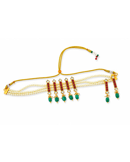 Handcrafted Kundan Choker Set  Pearl Necklace, Green Bead Earrings, Gold Plated Bridal Jewelry Gift