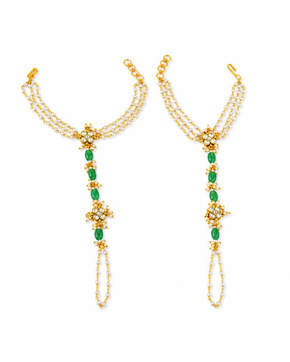Kundan Pearl Hathphool with Green Beads