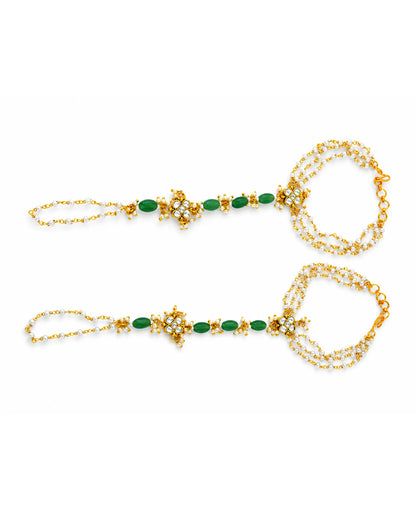 Kundan Pearl Hathphool with Green Beads