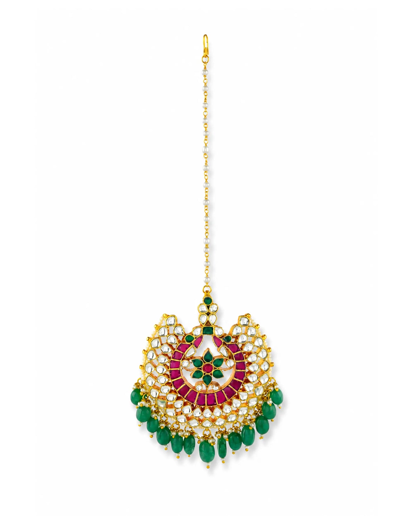 Kundan Pearl Bridal Maang Tikka, Green Wedding Headpiece