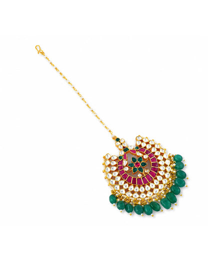 Kundan Pearl Bridal Maang Tikka, Green Wedding Headpiece