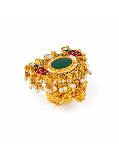 Traditional Kundan Adjustable Ring, Indian Bridal Statement Ring, Gold Plated Pearl Ethnic Cocktail Jewelry, Handmade Festive Ring