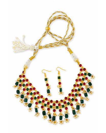 Traditional Kundan Choker Necklace Set with Earrings, Red Green Bridal Jewelry Set, Indian Wedding Necklace, Gold Statement Choker