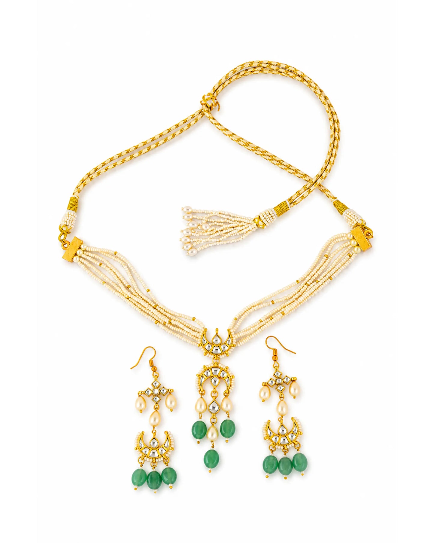 Pearl Choker Necklace Set, Indian Bridal Jewelry, Green Bead Choker, Ethnic Wedding Jewelry, Gold Plated Necklace Set