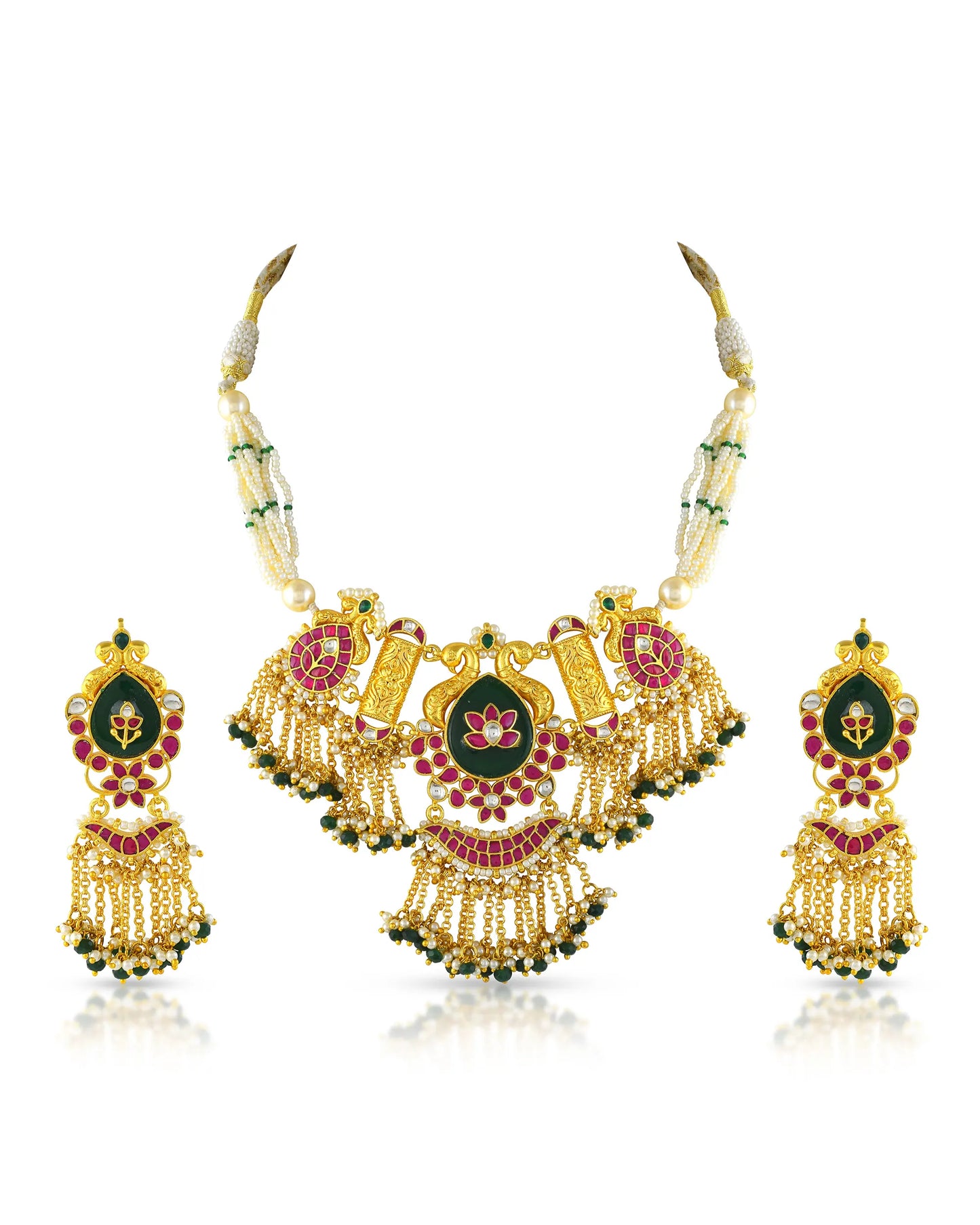 Floral Kundan Choker Set with Green and Pink Stones & Pearl Drops Jewelry