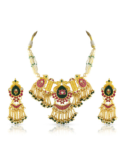 Floral Kundan Choker Set with Green and Pink Stones & Pearl Drops Jewelry