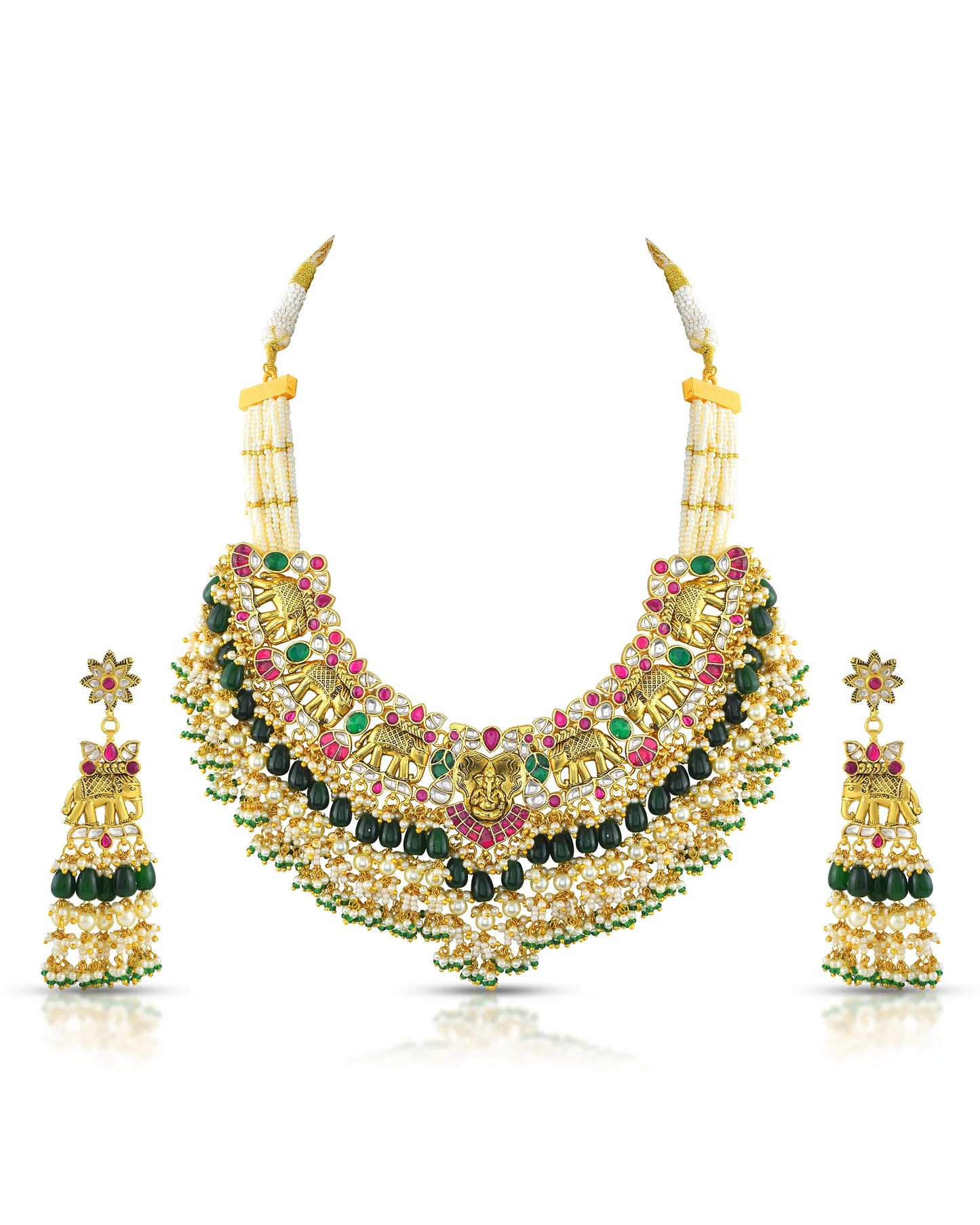 Handcrafted Kundan Elephant Choker Set, Gold Plated Necklace & Pearl Earrings, Royal Ethnic Indian Jewelry