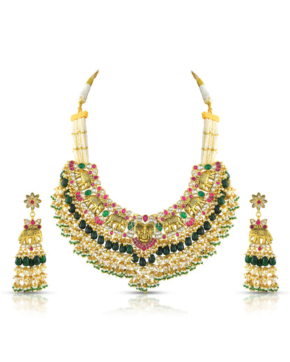 Handcrafted Kundan Elephant Choker Set, Gold Plated Necklace & Pearl Earrings, Royal Ethnic Indian Jewelry