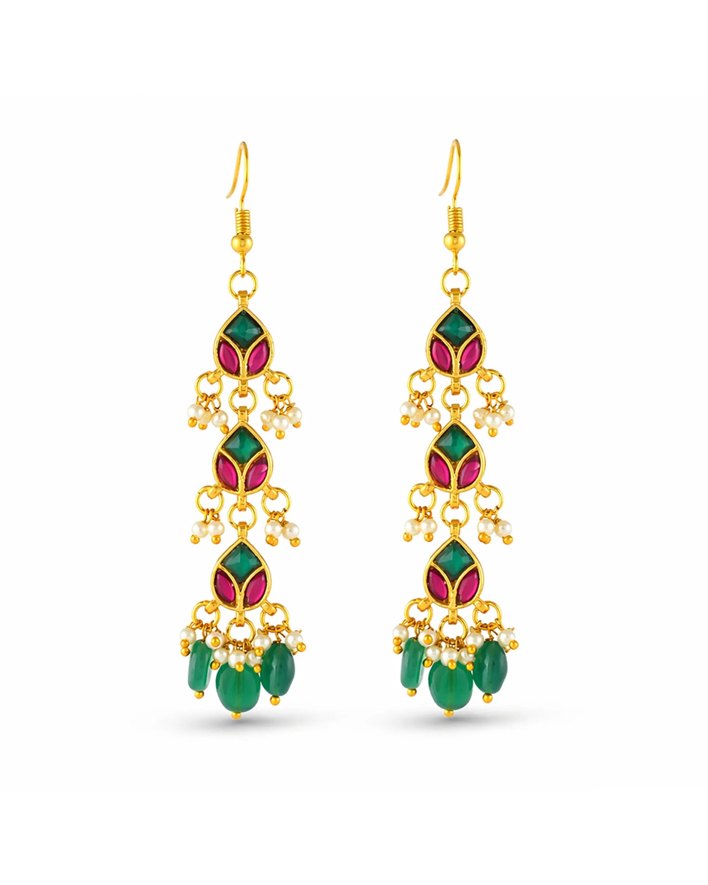 Handcrafted Kundan Raani Haar Set  Pearl Necklace with Green Bead Earrings, Traditional Indian Bridal Jewelry