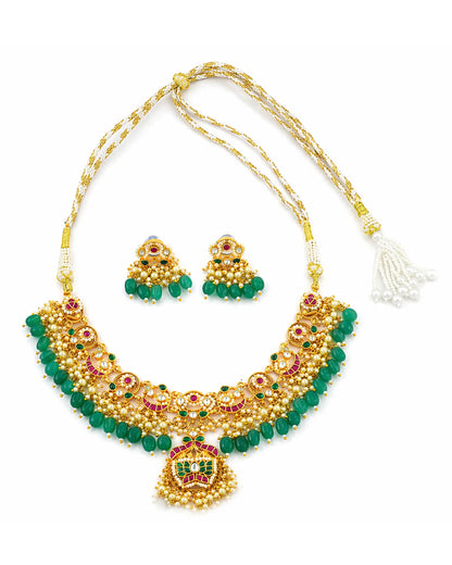 Green Bridal Choker Necklace Set, Indian Gold Tone Kundan Pearl Jewelry, Temple Wedding Necklace, Statement Ethnic Jewelry Set for Women
