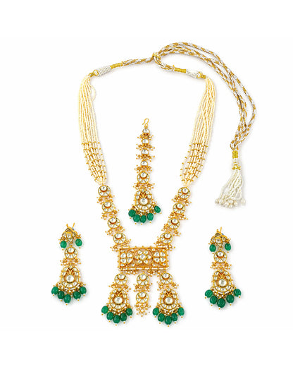 Long Kundan Pearl Pendant Necklace Set, Green Beaded Bridal Jewelry, Indian Wedding Jewelry, Ethnic Polki Necklace Earrings Maang Tikka