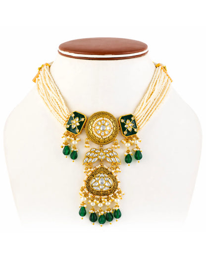 Royal Green Kundan Pearl Bridal Necklace Set, Indian Wedding Jewelry Set, Traditional Meenakari Choker with Earrings, Bridal Necklace