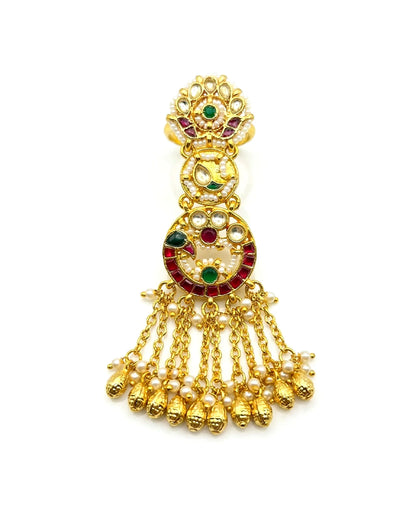 Long Kundan Statement Ring 18k Gold Plated Pearl Green Red Adjustable Ring Jewelry