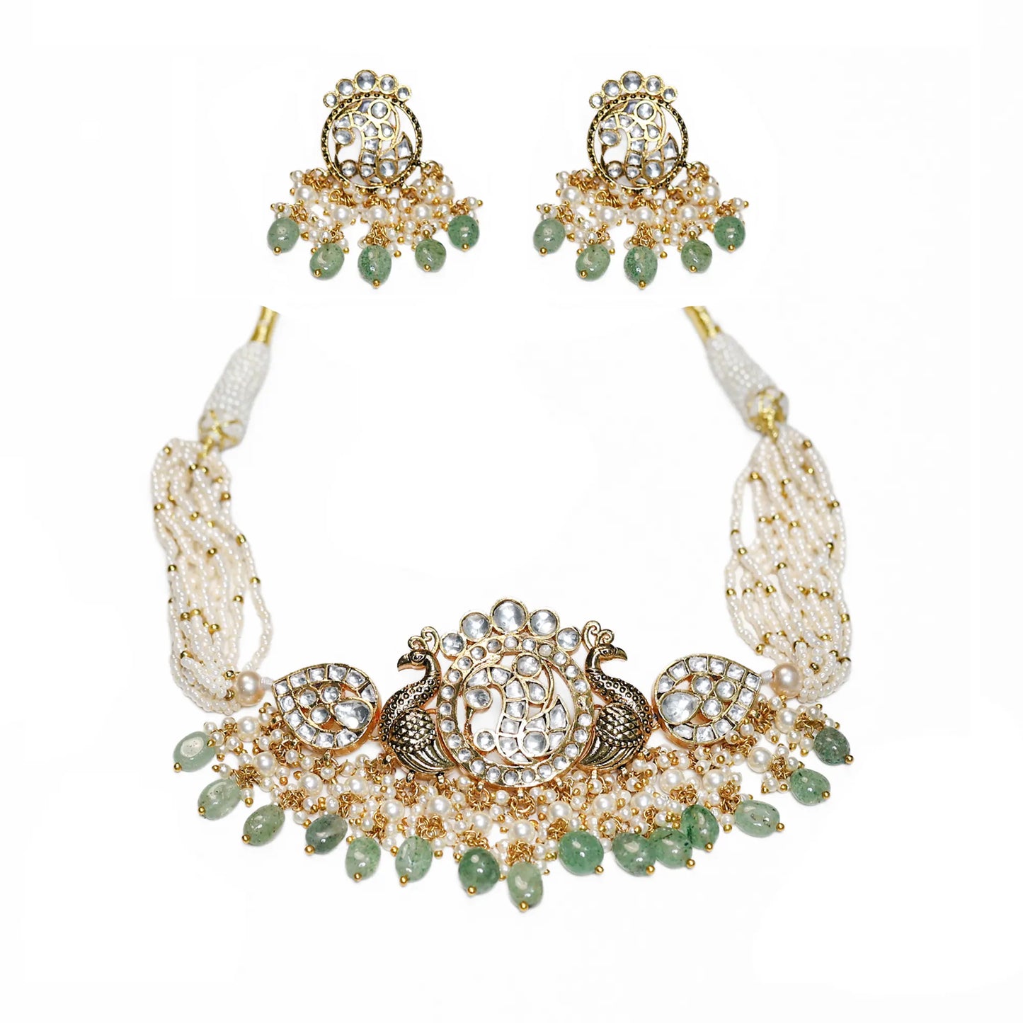 Kundan Choker Necklace Set with Earrings, Peacock Bridal Jewelry, Pearl Multi Strand Choker, Wedding Jewelry, Ethnic Necklace Jewelry