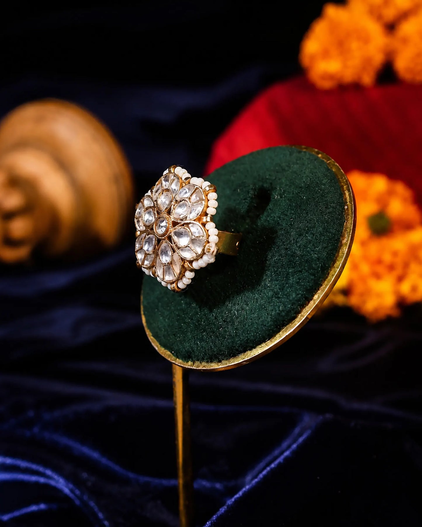 Adjustable Gold Kundan Pearl Bridal Ring  Traditional Indian Statement Jewelry for Wedding & Festive Wear