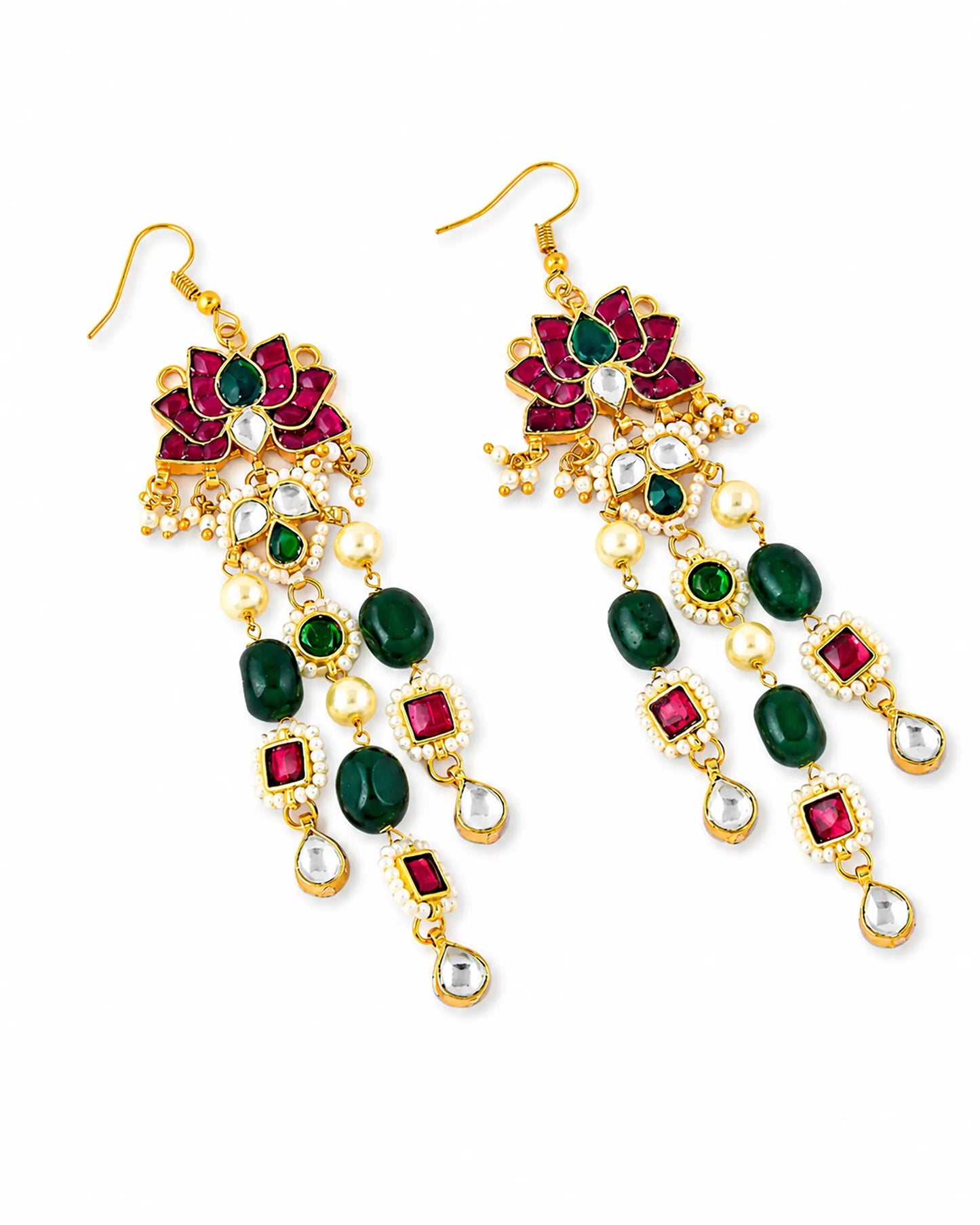 Lotus Kundan Dangle Earrings with Pearl and Green Beads