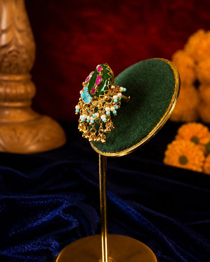Green Meenakari Kundan Peacock Ring with Pearl Border, Antique Gold Adjustable Statement Ring Jewelry
