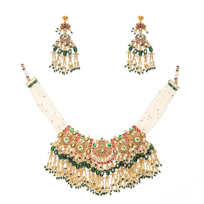 Kundan Pearl Choker Necklace Set with Green Beads  Gold Polki Bridal Jewelry Set with Earrings, Wedding Choker, Traditional Ethnic Jewelry