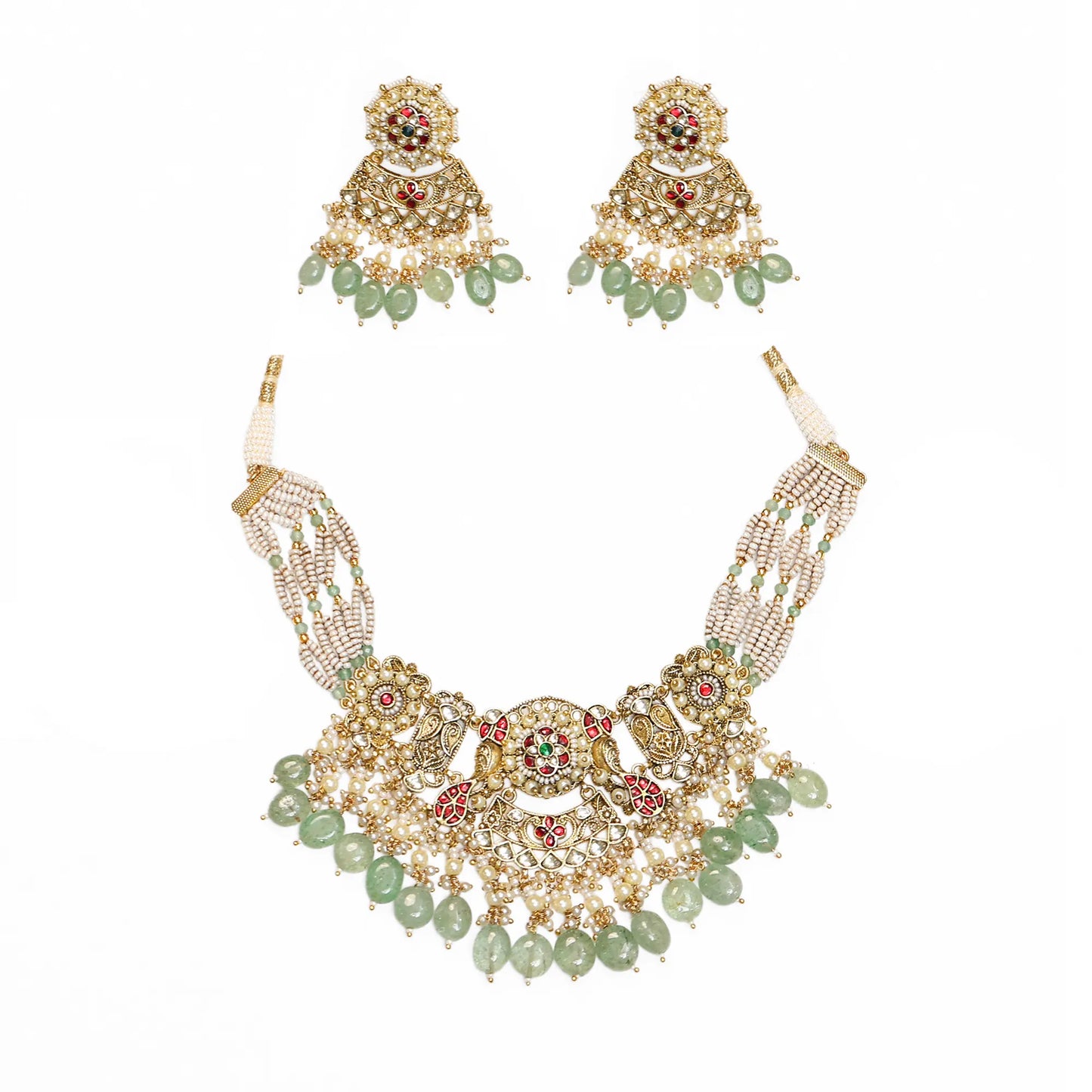 Pearl Kundan Stone Choker Necklace Earrings Set with Pearl Beads, Indian Handmade Bridal Jewelry